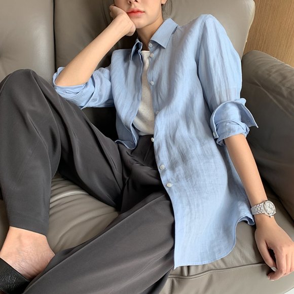 CHICJOC Women 100% Ramie Botton-down shirt size 36 in baby blue - Picture 14 of 16